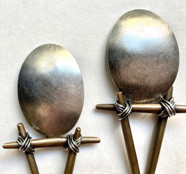 Cool Postmodern Studio Made Sterling Silver & Bronze Earrings, 1992 Vintage Clip image 4