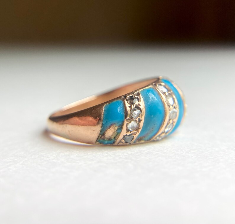 Antique Victorian 14K Gold Diamond & Turquoise Enamel Band Ring, sz 7.25 7.2g Bild 3