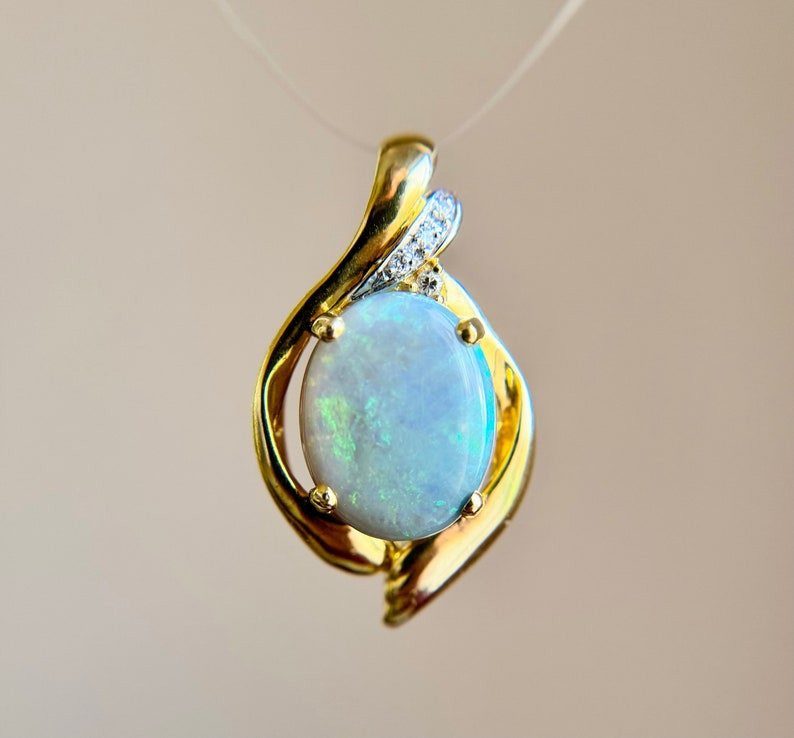 Large Vintage 18K 750 Yellow Gold Opal & Diamond Freeform Enhancer Pendant 5.3g image 1