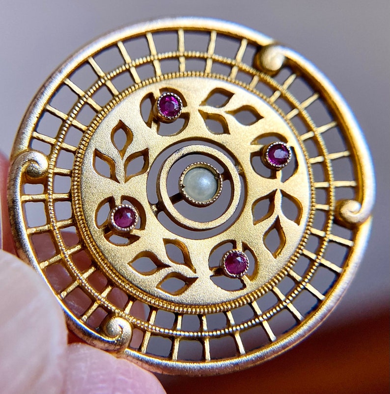 Antique Gold Filled Faux Ruby & Pearl Medallion Pendant Edwardian Art Nouveau image 8