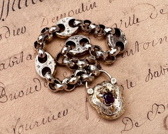 AS FOUND Antique Early Victorian 9K Gold Engraved Garnet Locket Padlock Bracelet