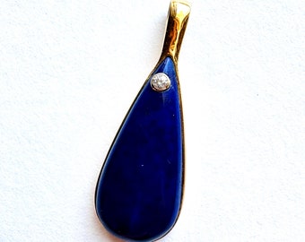 Modernist 18K Gold Lapis & Diamond Pendant, Minimalist Vintage Studio Made 7.4g