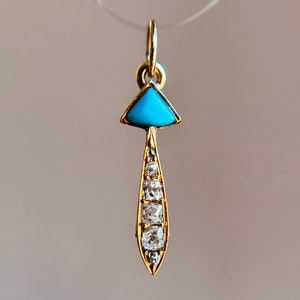 Antique 18K 750 Yellow Gold Old Diamond & Turquoise Arrow Pendant Charm Art Deco image 2