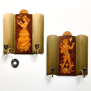 Mjolby Intarsia Marquetry Wood & Brass Sconces, Antique 1930s Swedish Art Deco