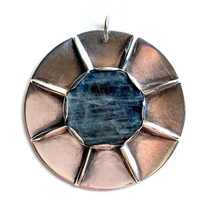 Cool Modernist Sterling Silver Labradorite Sunburst Pendant Vintage Signed 1975 image 1