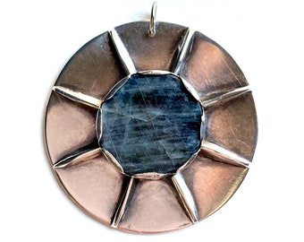 Cool Modernist Sterling Silver Labradorite Sunburst Pendant Vintage Signed 1975