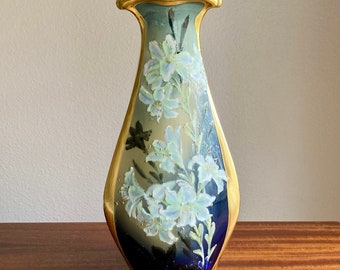 Impressive Antique RSTK Teplitz Amphora Art Nouveau Pottery Vase Lilies 16.25”