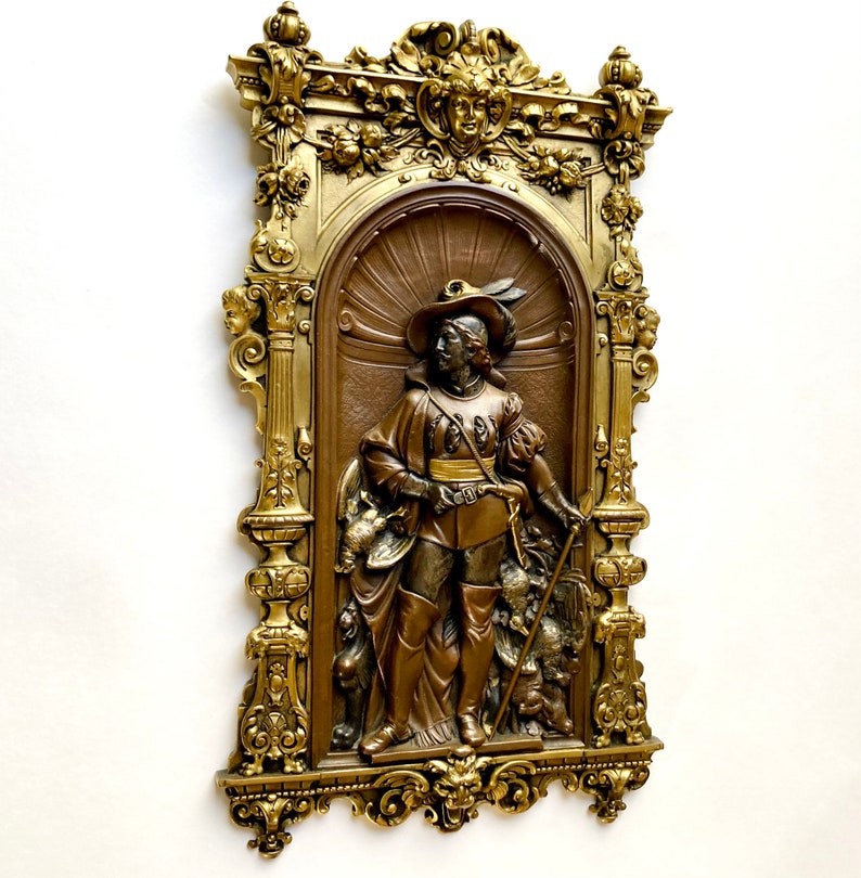 Antique Gustav Grohe Gilt Bronze Plaque German Pikeman 19thC Renaissance Revival image 2