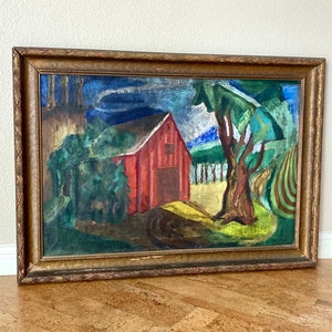 Early Modernist WPA Era Farm Scene Painting Red Barn & Fields, Mystery Artist image 1