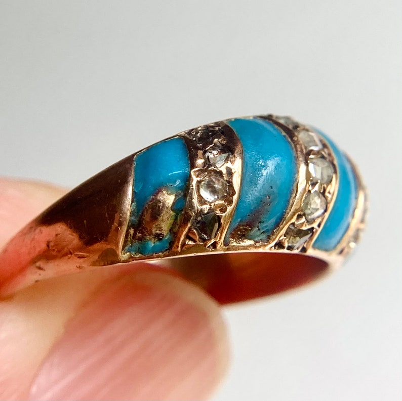 Antique Victorian 14K Gold Diamond & Turquoise Enamel Band Ring, sz 7.25 7.2g Bild 5