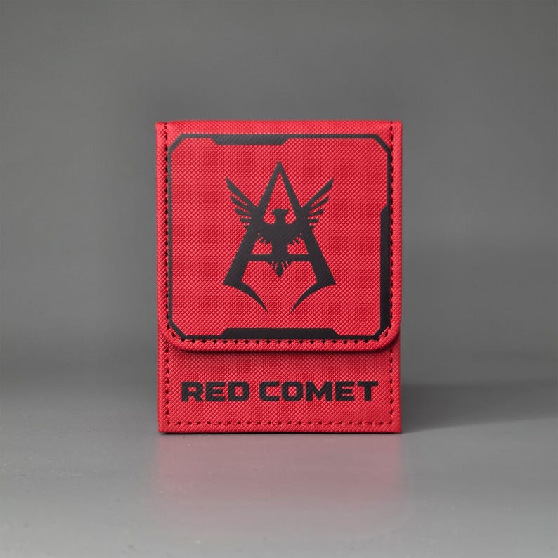 Front view of red Gundam inspired deck box with large faction emblem and Red Comet marking on lower panel