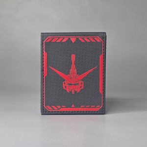 Black textured TCG deck box with red emblem design on front panel, compact magnetic card case for double sleeved trading cards