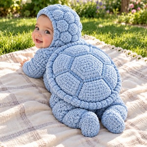 May include: A light blue crochet baby outfit featuring a textured hood and a large, rounded turtle shell design on the back. The garment is crafted with a dense, bobble-like stitch pattern, covering the arms and legs in a matching light blue yarn.