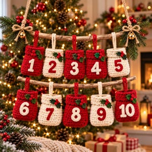 May include: A set of ten crocheted advent calendar pouches in red and cream, hanging from two wooden branches. Each pouch features a numbered front, a small green holly leaf accent, and a hanging loop. The pouches are arranged in two rows.