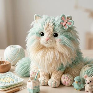 May include: A handmade crochet cat with a butterfly hair accessory. The cat has a fluffy cream and mint green design, with pink accents on the cheeks and paws. A small crochet milk carton with the word "MILK" is also present, along with other crochet items.
