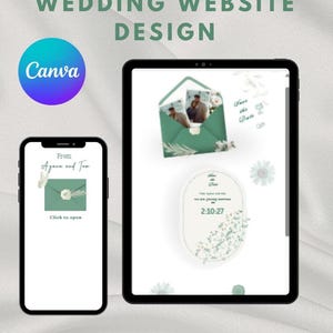 以下が含まれることがあります： タブレットとスマートフォンに表示されたデジタルウェディングウェブサイトのデザイン。デザインは、写真、花のアクセント、および「Save the Date」のテキストが付いたティール色の封筒が特徴です。 Canvaのロゴが表示されます。