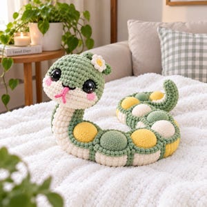 May include: A crocheted snake plush toy featuring a green and cream body with alternating yellow and green circular patches. The snake has large black eyes with white star accents, pink cheeks, a small pink tongue, and a white flower on its head.