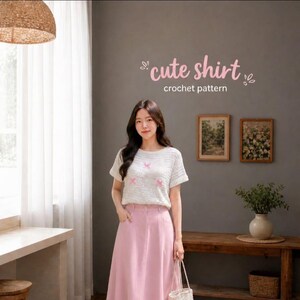 Könnte beinhalten: Eine Frau trägt ein hellgraues Häkelshirt mit rosa Schleifenakzenten und einen rosa Rock. Der Text "cute shirt crochet pattern" ist in rosa Schrift über ihrem Kopf zu sehen. Der Hintergrund ist eine graue Wand mit gerahmten Bildern und einem Holztisch.