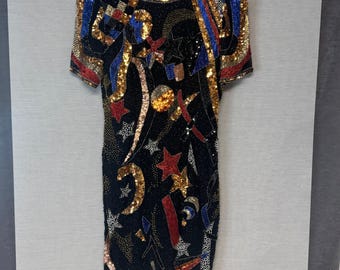 Vintage NITE LINE Beaded Celestial Star Moon Sequin Dress Black Size 8