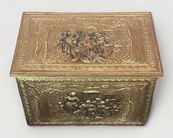 Vtg Mid-20th Century Embossed Brass Log Coal Box, with/ Tavern Scenes