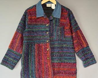 Vtg Koret City Blues Textured Knit Button Front Cardigan Jacket Denim Collar M