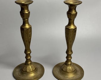 Pair Vtg 11" Tall Brass Candlesticks Engraved Floral Neoclassical Taper Holders