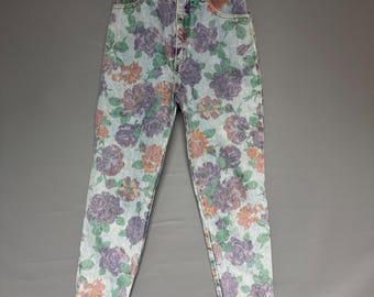 Vtg Bongo Floral High Waisted Jeans Girls Juniors Size 7 Purple Rose Denim Y2K