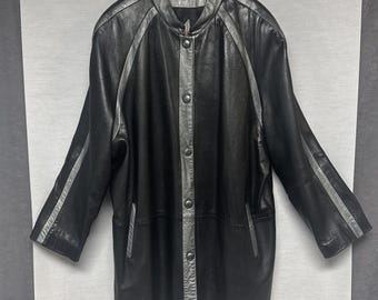 Vintage TIBOR Leathers Black & Silver Leather Coat - 54" SEE MEASUREMENTS 3XL