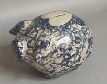 Vintage J.S. 1985 Ceramic Piggy Bank Spongeware - Blue White Heart Coin Pig