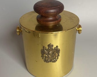 Vintage PM Italy Brass Ice Bucket w/ Heraldic Griffin Crest Wood Handle Lid 8.5"