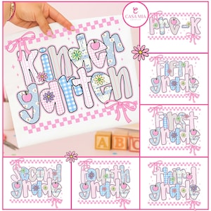 May include: A collection of school grade labels featuring the text Pre-K, Kindergarten, First Grade, Second Grade, Third Grade, Fourth Grade, and Fifth Grade. The designs use blue and pink gingham patterns, floral accents, and pink bows.