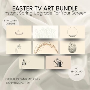 May include: An Easter TV art bundle featuring eight designs, including a bunny, tulips, and an egg. The digital download offers a spring upgrade for your screen. The image is 4K, 3840x2160, and 16:9. The text reads "Digital Download Only, No Physical Item."