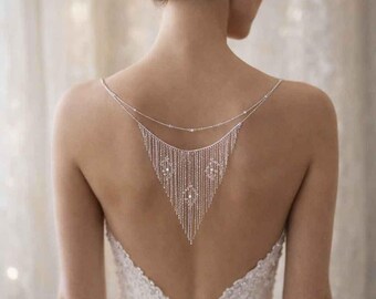 925 sterling silver wedding back necklace, bridal back necklace, backless dress jewelry, bridal back necklace, wedding back jewelry, Swarovski
