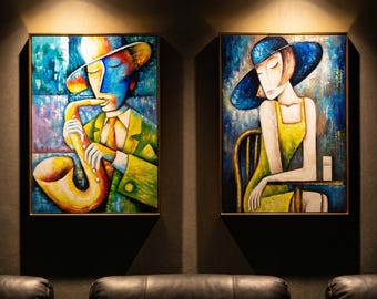 Abstract Woman Oil Painting, Handmade Figurative Wall Art, Cubist Style Canvas Art, Lady with Coffee Painting, Large Living Room Decor