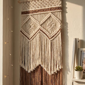 Two-Tone Macrame Wall Hanging, Boho Woven Tapestry, Cream and Brown Fringe Decor, Bohemian Bedroom Art, Housewarming Gift