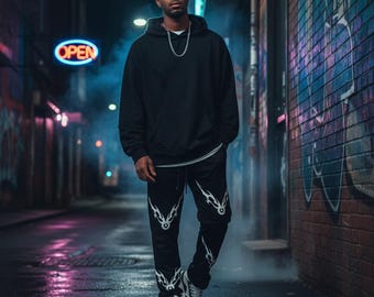 Tribal Flame Streetwear Pants, Black Aesthetic Lounge Pants, Unisex Urban Style Pajama Bottoms, Edgy Graphic Street Fashion