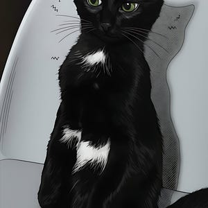 Op de afbeelding: Illustratie van een zwarte kat met groene ogen en witte aftekeningen op de borst, zittend op een stoel. Een denkbel boven de kat zegt: "ER IS IETS MIS." Een bakje kattenvoer en een speelgoedmuis staan op de voorgrond.