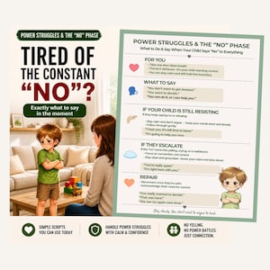 Peut inclure: Un guide parental intitulé "Fatigué du 'Non' constant ?" présente une illustration de dessin animé d'un enfant et d'un parent. Le guide propose des scripts simples et des conseils pour gérer les luttes de pouvoir avec calme et confiance.