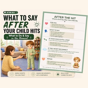Peut inclure: Une illustration d'un guide intitulé « Que dire après que votre enfant ait frappé ». L'image montre une mère et son enfant, avec du texte à droite fournissant des conseils sur la façon de gérer de telles situations.