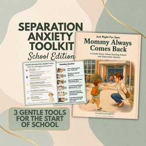 Puede incluir: Un kit de herramientas sobre ansiedad por separación para la escuela que incluye el libro Mommy Always Comes Back, una guía When Separation Anxiety Hits y una tarjeta Goodbye Routine. La portada muestra a un niño corriendo.