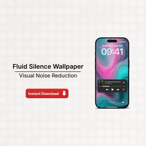 Könnte beinhalten: Ein Smartphone zeigt einen farbenfrohen, abstrakten Hintergrund mit rosa, türkis und lila Farbtönen. Der Bildschirm zeigt Uhrzeit und Datum sowie Musiksteuerungen. Der Text lautet "Fluid Silence Wallpaper" und "Visual Noise Reduction" mit einer "Instant Download"-Schaltfläche.