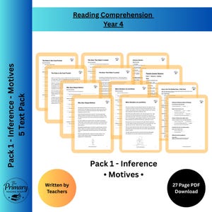 May include: A collection of printable reading comprehension worksheets for Year 4 students. The pack includes texts on inference and motives, with a total of 27 pages available for download. The worksheets are written by teachers.