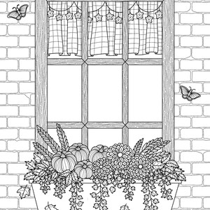 Puede incluir: Ilustración en blanco y negro de una ventana con un macetero lleno de calabazas, flores y follaje. La ventana tiene cortinas y decoraciones en forma de estrella. También hay mariposas y hojas cayendo.