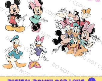 Paquete retro PNG personalizado de todos los personajes de Mickey y sus amigos, personajes digitales personalizados de Disneyland, boceto de la cabeza de Mickey y Minnie para el viaje de 2026