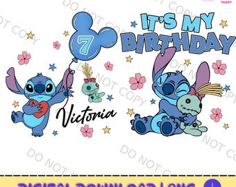 Disneyland Stitch It's My Birthday png, gelukkige verjaardag png, in mijn verjaardagstijdperk, retro blauwe alien png, blauwe alien verjaardag