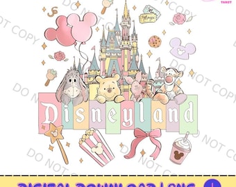 Castillo de Disneyland en colores retro y cómodos (PNG), Viaje de chicas a Disneyland 2026, Winnie the Pooh, Tigger y Piglet, Archivo digital de vacaciones en Disneyland