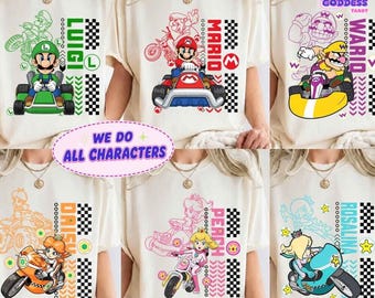 Custom All Characters Super Mario Kart Checkerd Signature Retro Shirt, Mario Family Matching Tee, Super Mario Birthday Boy Girl Shirt