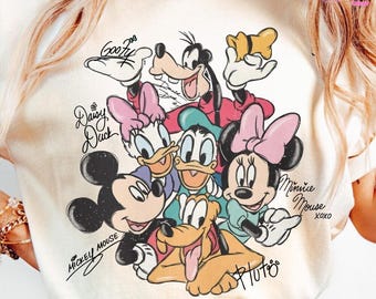 Retro Mickey and Friends Signatures Shirt, Magical Kingdom Shirt, Disneyland Characters Tee, Disney Mouse Head Tee, Mickey & Co Gift