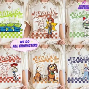 Retro Disney Pixar Toy Story All Characters Checkered Signature Shirt, Woody, Buzz, Jessie, Bo Peep, Personalized Group Matching Trip Tee image 1