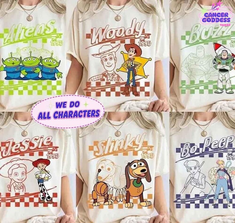 Retro Disney Pixar Toy Story All Characters Checkered Signature Shirt, Woody, Buzz, Jessie, Bo Peep, Personalized Group Matching Trip Tee image 1